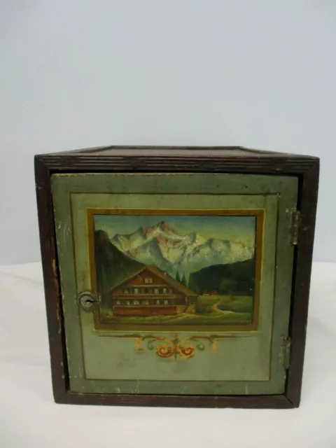 ANTIQUE WOOD JEWELRY BOX with HAND PAINTED SWISS CHALET ALPS & FLOWERS