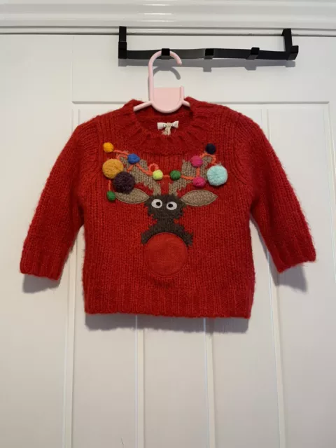Girls Next Red Christmas Reindeer Knitted Jumper Uk Size 3-6 Months Bnwt