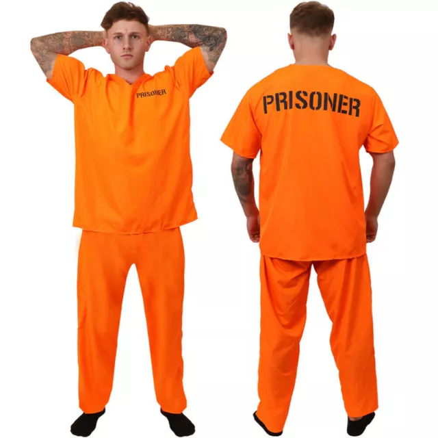 MENS Child PRISONER COSTUME ORANGE TOP TROUSERS CONVICT HALLOWEEN FANCY DRESS