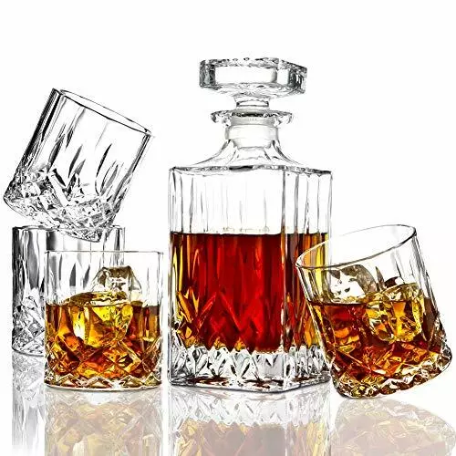 WHISKEY DECANTER Glasses Set Bourbon Vodka Italian Crafted Crystal 5-Pc ELIDOMC