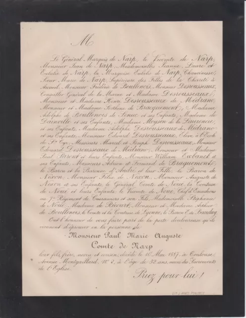 1887 Faire-part décès Comte Paul-Marie-Auguste de NARP - Toulouse.