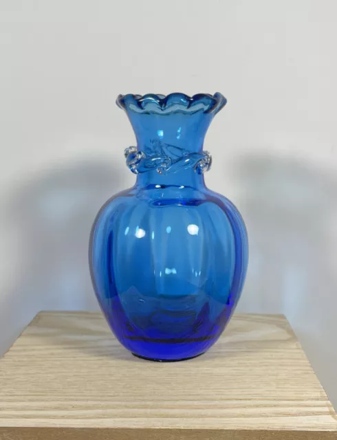 Vintage Pilgram Glass Blue Bud Vase Hand Blown Ruffled Top Clear Wave On Neck