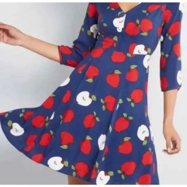 ModCloth Apple A Day Apple Print Button Pockets Dress Blue & Red Midi Size XXS