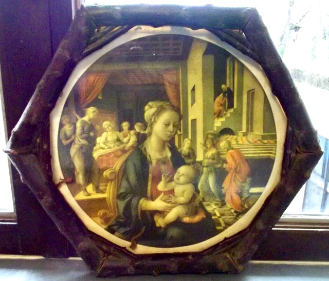 Antiguo Marco Hexagonal Con Estampa Religiosa Historia Santa Bebé Vintage Kitch