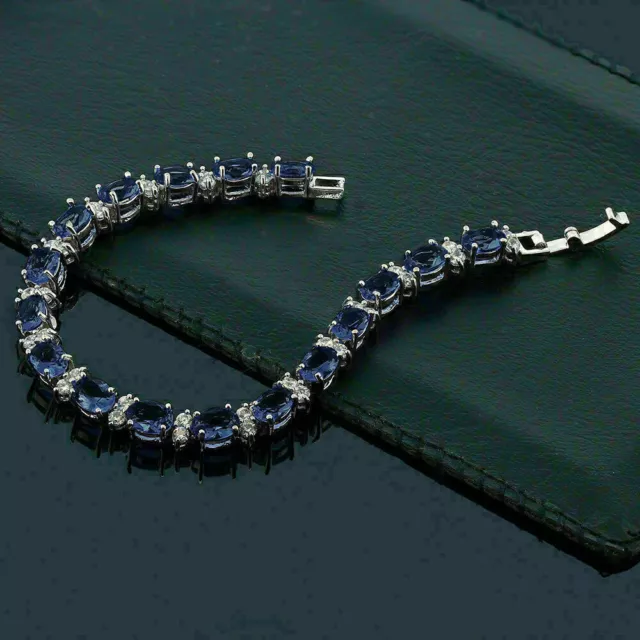 Bracelet tennis en argent sterling 925 avec saphir bleu ovale 12,0 ct et...