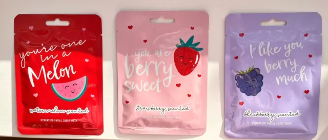 X3 Valentine’s Day Fruit Berry SCENTED FACE MASK Beauty Face Masks Gift Set Of 3