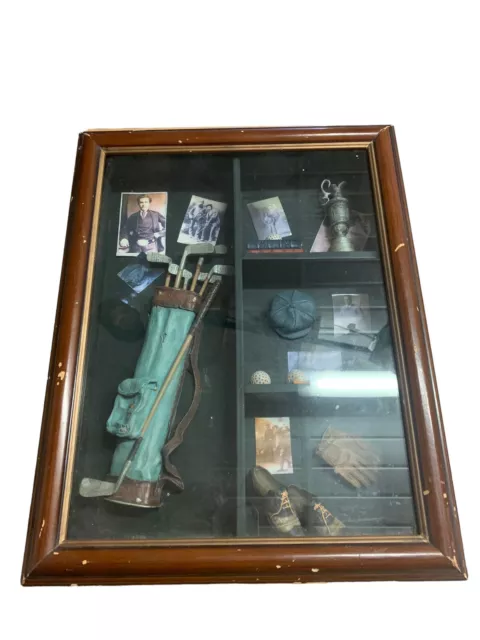 Vintage Antique Golfing Wall Display Showcase 3D Box Wooden With Glass Front
