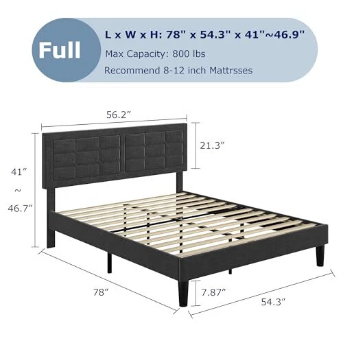 SIZE WITH ADJUSTABLE Headboard, Upholstered Full Linen Fabric & Grey