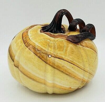 Art Glass Pumpkin Hand Blown Murano Style Pumpkin Coiled Stem Swirl 6.5"