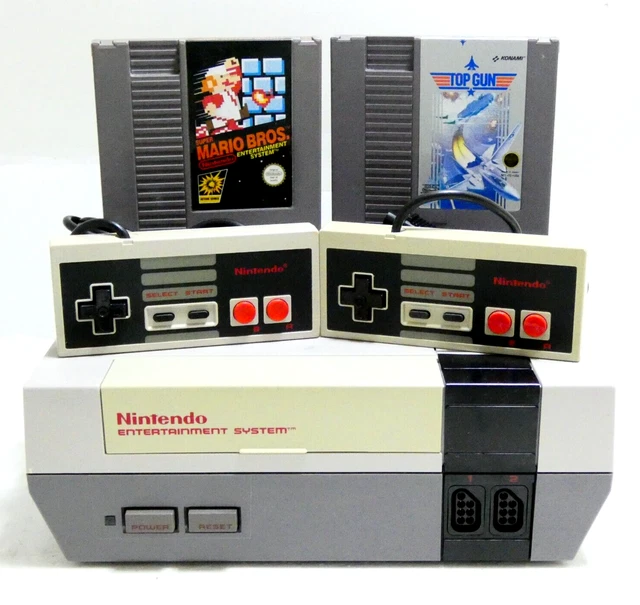 Lot Console Nintendo Nes 2 Manettes Mario Bros Top Gun Alimentation Cable Video