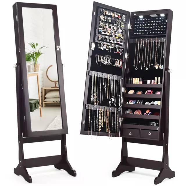 Lockable Mirrored Jewelry Cabinet Armoire Organizer Storage w/Stand & LED Lights