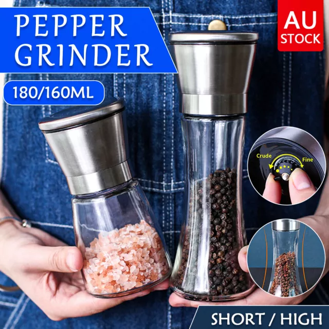 2Pcs Salt Pepper Grinder Set Stainless Steel Glass Shaker Adjustable Mill Coarse