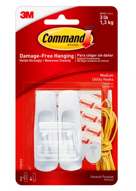 3M Command Adhesive Utility Hook, Medium, White 2 ea