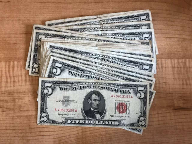 1953 or 1963 $5 Red Seal Paper Money Bill - One Note Per Purchase Five Dollars