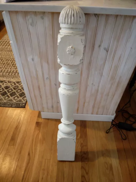 Antique wood newell post/flat back/shabby white. Shell design.