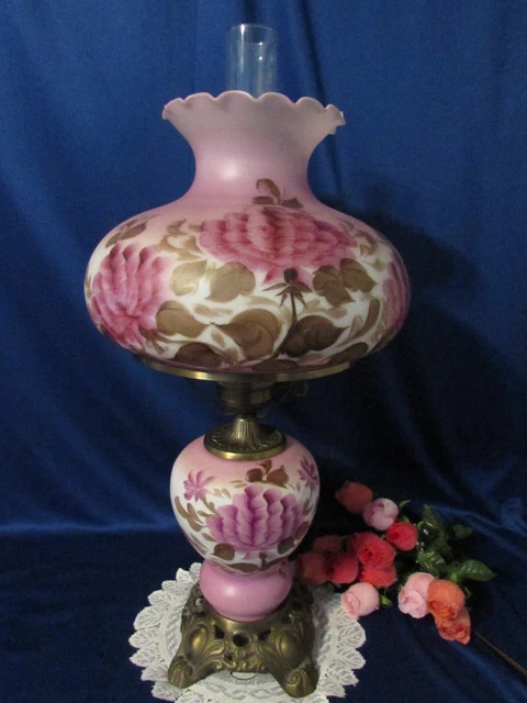 Vtg Gwtw Purple Hurricane Parlor Table Lamp Signed Handpainted Flowers 28" 3 Way