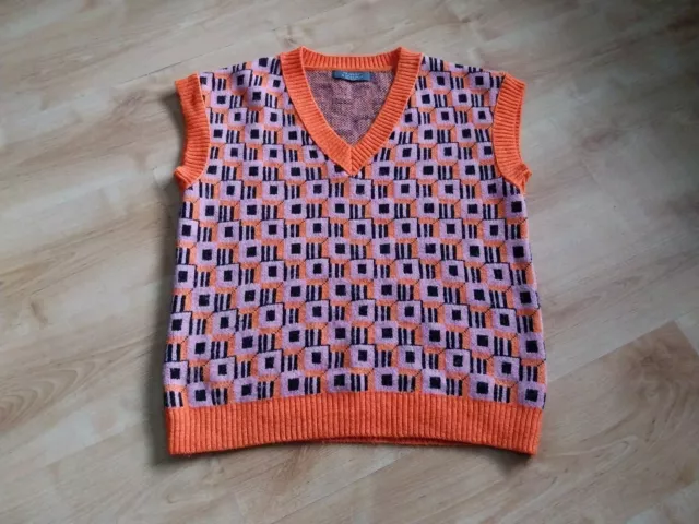 Ladies Jumper Waistcoat Size 14/16 Wool Knit Vintage Orange Bright Winter Retro