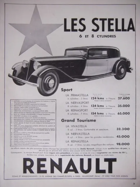 Publicité De Presse 1933 Renault Stella 6 Et 8 Cylindres Sport Et Grand Tourisme