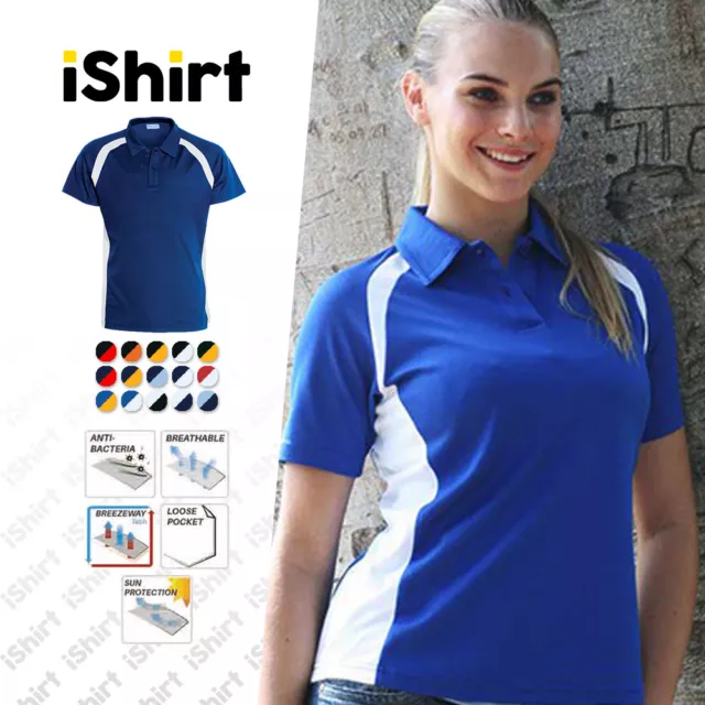 Ladies Polo Shirt Polyester Outer Face Cotton Backing Contrast Panel Polo