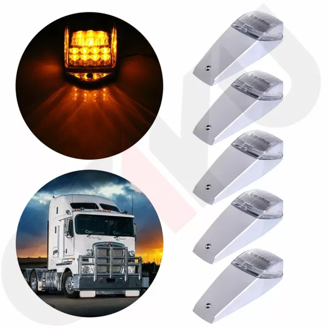 5x Clear Amber 17 LED Cab Marker roof Light for Peterbilt Truck Chrome 12v