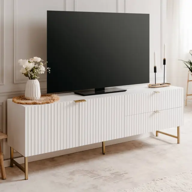 Meuble TV Blanc Bois Massif Armoire Table de Salon Basse 2 Tiroirs Homestyle4u