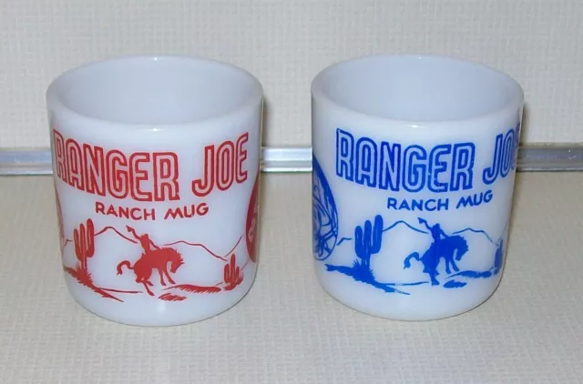 2 Vintage Hazel Atlas Ranger Joe Ranch Mug Cup Blue & White & Red & White