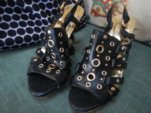 Michael Kors High Heel Black Leather Platform Sandals, Sz 7