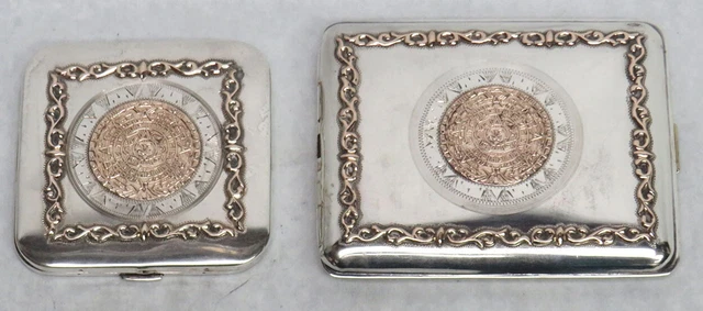 10K Gold Mayan Calendar Applied To Sterling Silver Cigarette Case & Compact