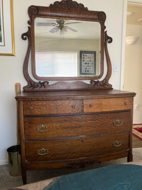 Antique Tiger Oak Dresser with Harp mounted mirror.  Excellent condition.