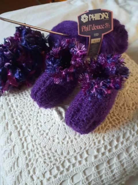 chaussons bébé en laine fait main au crochet 0 - 3 mois  neuf  violet