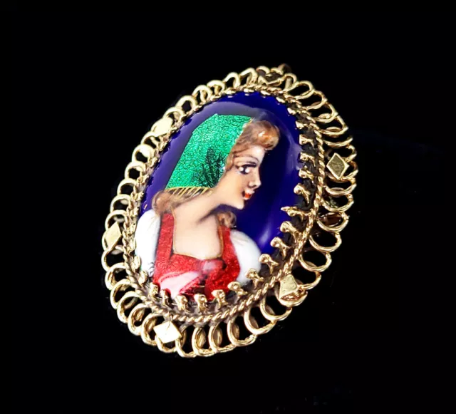 Vintage 14k Or Limoges Émail Français Paysan Femme Broche Pendentif 3.2cm 3