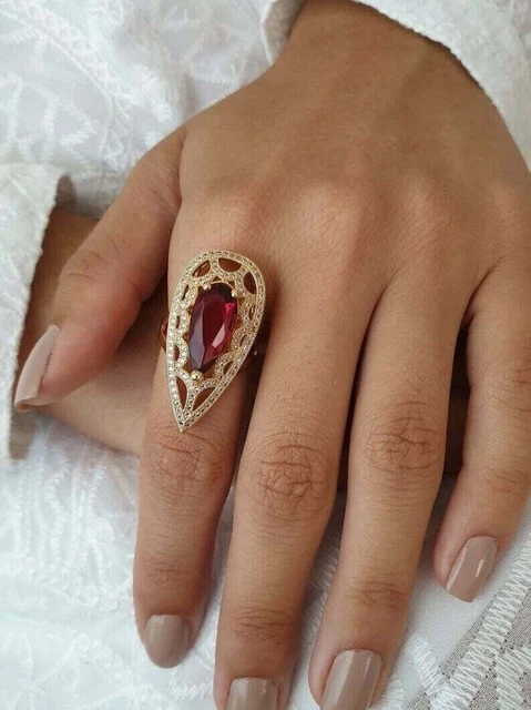 4 Ct Lab Created Pear Ruby & CZ Cocktail Engagement Ring Silver Rose Gold Plated