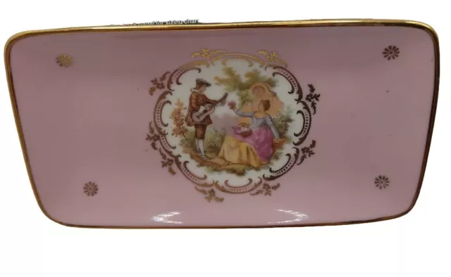 Vintage Limoges FRANCE Trinket Tray Dish Courting Couple Lute Pink Gold Gilded