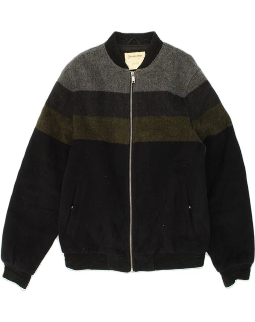 STRADIVARIUS GIACCA BOMBER Uomo UK 40 Large Lana Nera A Righe PA08