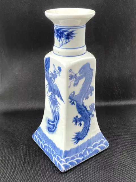 Asian Oriental Ceramic Vase Dragon Bird Square White Blue Porcelain Art Decor
