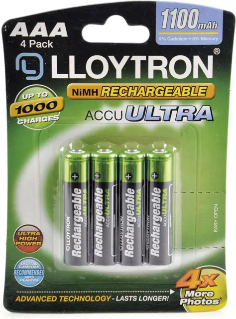 LLOYTRON AAA Rechargeable Batteries HR03 NiMH 1100 mAh 1.2V Phone Camera Pack 4