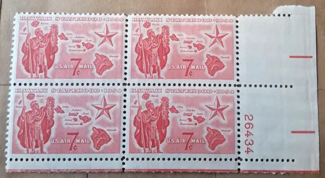 US Hawaii Statehood 7c Stamp Plate #26434 Block of 4 Scott #C55 1959 Env#1 MNH