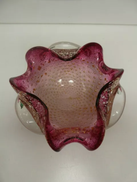 Murano Art Glass Red/Pink Cased Gold Flake Bubbles Bowl Mid Century Vintage