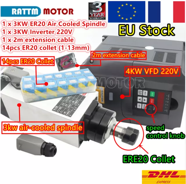 〖FR〗 Square 3KW Air cooled Spindle Motor VFD CNC Kit 18000RPM ER20 HY Inverter