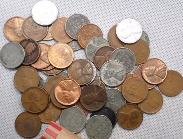 LINCOLN WHEAT CENT PENNY LOT, 50 COINS, 1 Roll, Steel, 20, Teens, 30s, Cent