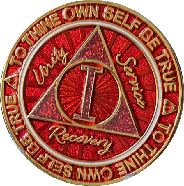 1 Year AA Medallion Cosmic Red Glitter Alcoholics Anonymous Sobriety Chip