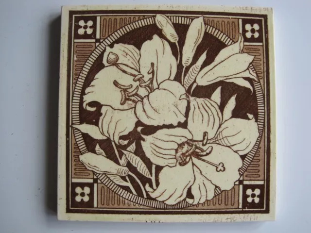 Antique Victorian Malkin Edge Brown Transfer Print Tile - Lilies  C1870-1900