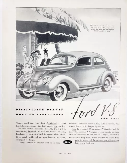 Ford V8 Vtg 1937 Car Magazine Print Ad Automobile Advertising Officer Hat Palm