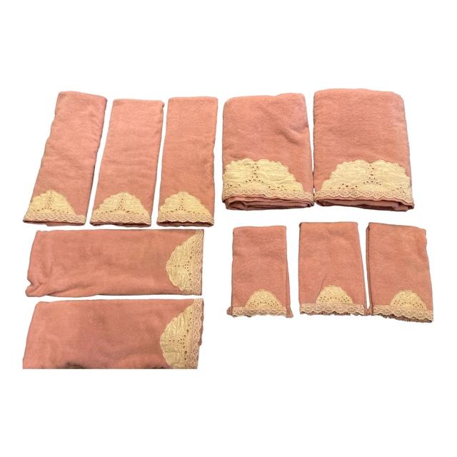 Towel Set Bath Hand Finger Vintage Trousseau Pink Rose Applique Lace Cotton READ Towel Set Bath Hand Finger Vintage Trousseau Pink Rose Applique Lace Cotton READ