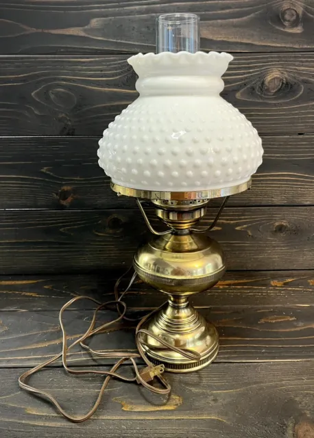 Vintage Oil Lamp Styled Electric Lamp Hobnail Milk Glass Shade And Clear Chimney