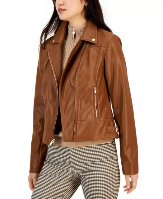 Tommy Hilfiger Women's Faux-Leather Moto Jacket J2XJ4815 Saddle Brown L