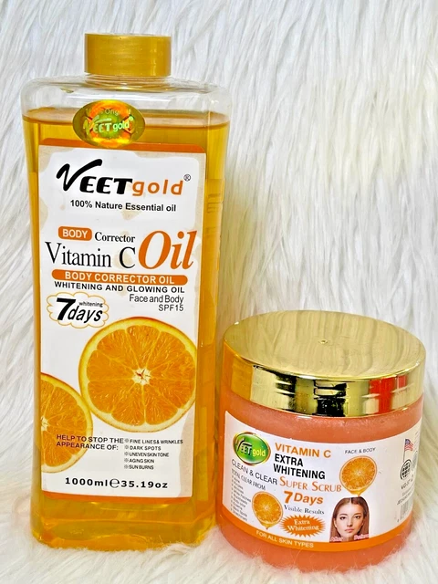 Combo Huile Blanchissante VeetGold + Gommage - Vitamine C, Collagène, 1000ml + 700g