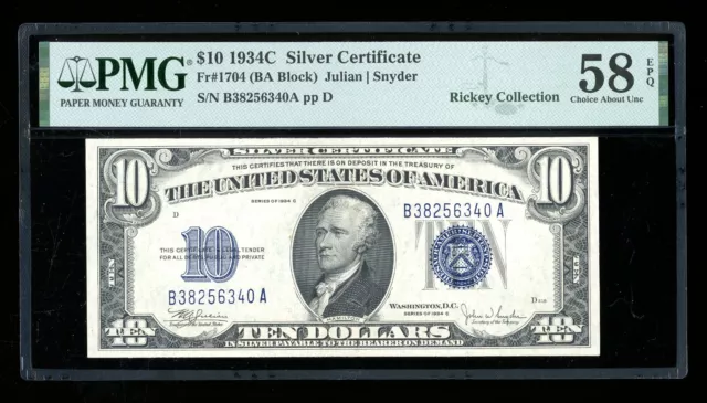 DBR 1934-C $10 Silver Fr. 1704 PMG 58 EPQ Serial B38256340A
