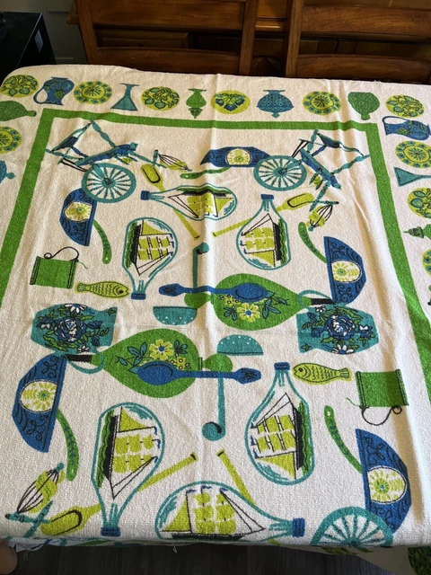 Vintage Oversized Beach Towel 50x60 Blue Green Bowls Ship in a Bottle MCM Retro Vintage Oversized Beach Towel 50x60 Blue Green Bowls Ship in a Bottle MCM Retro