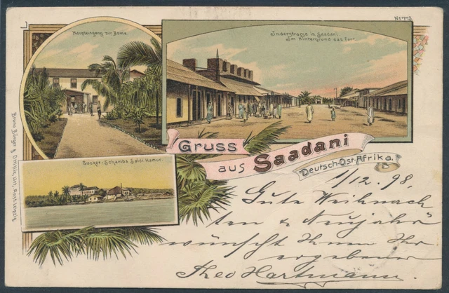 DOA Adler EF Litho-AK Gruß aus Saadani 1898 ab Tanga nach Plauen Attest (S21582)